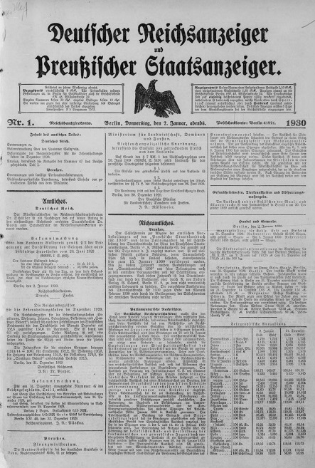 Titelseite Deutscher Reichsanzeiger vom 02.01.1930 mittel